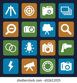 Focus icons set. set of 16 focus filled icons such as camera, search, camera zoom, burst, flash, zoom out, target