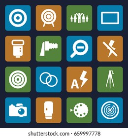 Focus icons set. set of 16 focus filled icons such as target, camera, camera zoom, burst, no flash, auto flash, zoom out