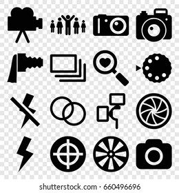 Focus icons set. set of 16 focus filled icons such as heart search, camera, camera zoom, burst, flash, no flash, group of people and man celebrating victory, dart