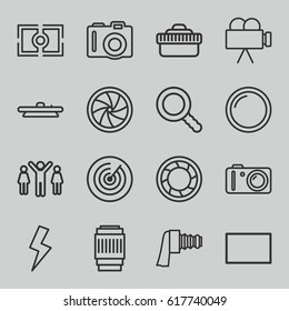Focus icons set. set of 16 focus outline icons such as camera, search, camera zoom, burst, flash, target
