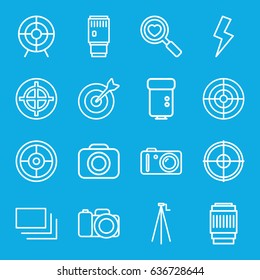 Focus icons set. set of 16 focus outline icons such as heart search, target, camera, camera flash, burst