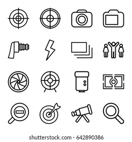 Focus icons set. set of 16 focus outline icons such as target, search, camera, camera zoom, burst, flash, zoom out, telescope