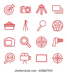 Focus icons set. set of 16 focus outline icons such as magnifier, search, camera, camera zoom, burst, zoom out, target