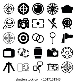 Focus icons. set of 25 editable filled and outline focus icons such as target, magnifier, camera, camera zoom, no flash, movie tape, zoom out