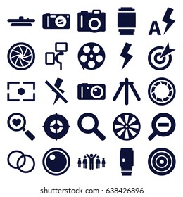 Focus icons set. set of 25 focus filled icons such as camera, heart search, search, camera shutter, flash, zoom out, target, group of people and man celebrating victory