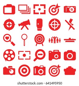 Focus icons set. set of 25 focus filled icons such as camera, heart search, magnifier, target, camera lense, burst, no flash, zoom out