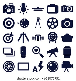 Focus icons set. set of 25 focus filled icons such as heart search, target, camera, camera shutter, burst, auto flash, group of people and man celebrating victory, movie tape