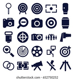Focus icons set. set of 25 focus filled icons such as heart search, magnifier, target, camera, camera zoom, no flash, zoom out, group of people and man celebrating victory