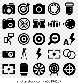 Focus icons set. set of 25 focus filled icons such as target, camera, camera flash, flash, auto flash, zoom out, group of people and man celebrating victory