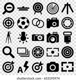 Focus icons set. set of 25 focus filled icons such as target, search, camera, camera flash, burst, auto flash, zoom out