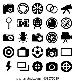Focus icons set. set of 25 focus filled icons such as magnifier, target, camera, camera shutter, burst, flash, movie tape, dart
