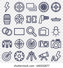 Focus icons set. set of 25 focus outline icons such as target, search, camera, camera zoom, burst, flash, auto flash, telescope, group of people and man celebrating victory