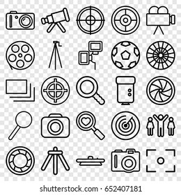Focus icons set. set of 25 focus outline icons such as camera, heart search, magnifier, search, camera flash, burst, center focus, target, telescope