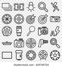 Focus icons set. set of 25 focus outline icons such as heart search, magnifier, target, search, camera, camera zoom, burst, no flash, auto flash
