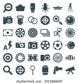 Focus icons. set of 36 editable filled focus icons such as camera, telescope, movie tape, dart, target, heart search, magnifier, search, camera zoom, burst, auto flash