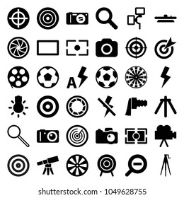 Focus icons. set of 36 editable filled focus icons such as target, movie tape, dart, search, camera, camera zoom, burst, flash, zoom out, telescope