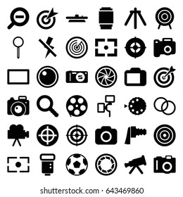 Focus icons set. set of 36 focus filled icons such as camera, magnifier, target, search, camera zoom, burst, no flash, zoom out, movie tape