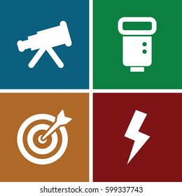 focus icons set. Set of 4 focus filled icons such as camera flash, flash, target