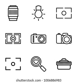 Focus icons. set of 9 editable outline focus icons such as heart search, camera