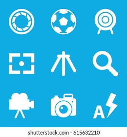 Focus icons set. set of 9 focus filled icons such as target, search, camera shutter, camera tripod, auto flash, camera, center focus