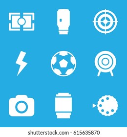 Focus icons set. set of 9 focus filled icons such as target, camera, camera lense, flash