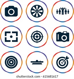 Focus icons set. set of 9 focus filled icons such as camera, camera lense, target, center focus, group of people and man celebrating victory