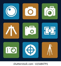 Focus icons set. set of 9 focus filled icons such as camera, camera tripod