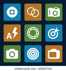 Focus icons set. set of 9 focus filled icons such as camera, camera shutter, auto flash