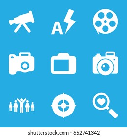 Focus icons set. set of 9 focus filled icons such as heart search, camera display, auto flash, target, camera, group of people and man celebrating victory, movie tape