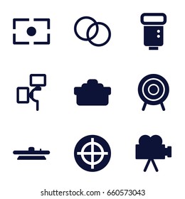 Focus icons set. set of 9 focus filled icons such as target, camera flash
