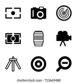 Focus icons set. set of 9 focus filled and outline icons such as camera, camera focus, zoom out