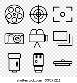 Focus icons set. set of 9 focus outline icons such as camera, camera flash, camera lense, burst, target, center focus