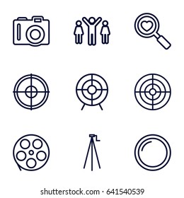 Focus icons set. set of 9 focus outline icons such as camera, heart search, target, camera tripod, camera lense, group of people and man celebrating victory