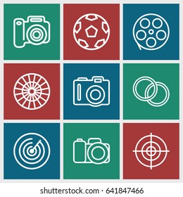 Focus icons set. set of 9 focus outline icons such as camera, camera lense, target, movie tape