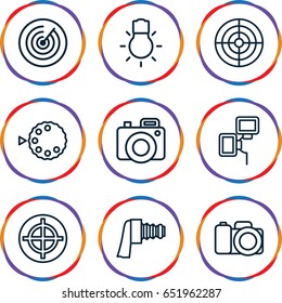 Focus icons set. set of 9 focus outline icons such as camera, camera zoom