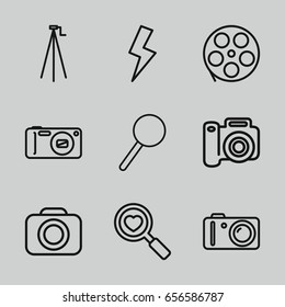 Focus icons set. set of 9 focus outline icons such as heart search, magnifier, camera, camera tripod, flash