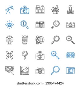 focus icons set. Collection of focus with camera, loupe, photo camera, photo, searching, vision, zoom in, search, zoom out, candidate, camera lens. Editable and scalable focus icons.