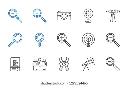 focus icons set. Collection of focus with loupe, telescope, vision, candidates, photo camera, zoom out, target, zoom in, search, webcam. Editable and scalable focus icons.