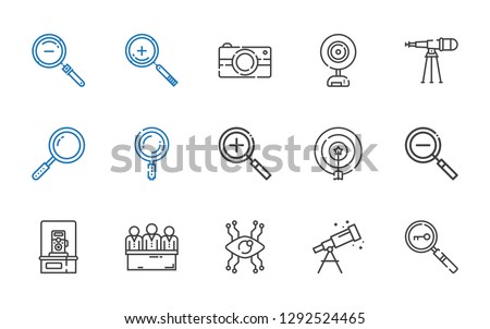focus icons set. Collection of focus with loupe, telescope, vision, candidates, photo camera, zoom out, target, zoom in, search, webcam. Editable and scalable focus icons.