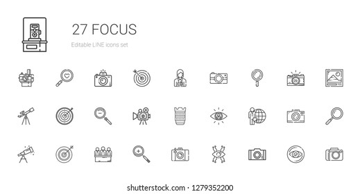 focus icons set. Collection of focus with photo, vision, photo camera, zoom in, candidates, darts, telescope, candidate, searching, camera lens. Editable and scalable focus icons.