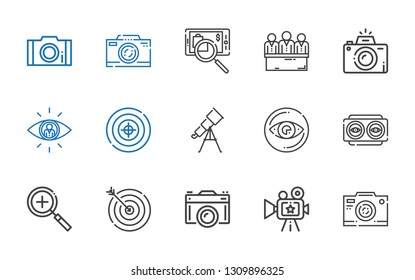 focus icons set. Collection of focus with photo camera, camera, target, zoom in, vision, telescope, searching, photography, candidates, photo. Editable and scalable focus icons.