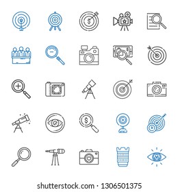 focus icons set. Collection of focus with searching, camera lens, camera, telescope, loupe, target, webcam, vision, photo camera, darts, zoom in. Editable and scalable focus icons.