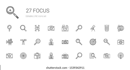 focus icons set. Collection of focus with searching, loupe, photo camera, photographer, search, target, zoom out, magnifying glass, telescope. Editable and scalable focus icons.