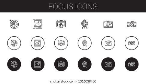 focus icons set. Collection of focus with target, photo, camera, photo camera. Editable and scalable focus icons.