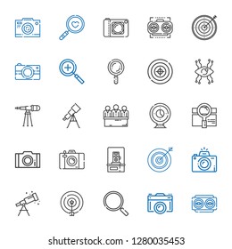 focus icons set. Collection of focus with vision, camera, loupe, target, telescope, photography, darts, photo camera, photo, search, webcam. Editable and scalable focus icons.