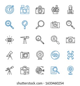 focus icons set. Collection of focus with webcam, searching, target, search, telescope, vision, camera, photo camera, loupe, zoom in, zoom out. Editable and scalable focus icons.