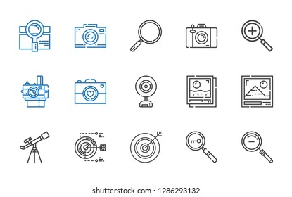 focus icons set. Collection of focus with zoom out, loupe, darts, target, telescope, photo, webcam, camera, photo camera, zoom in, search. Editable and scalable focus icons.