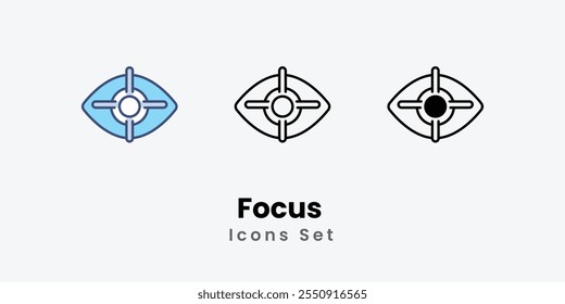 Ícones de foco definem a linha fina e a ilustração dos ícones de vetor de glifo