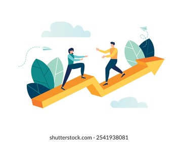 Focus, increased motivation, a way to achieve goals, support and teamwork, help in overcoming obstacles, vector illustration