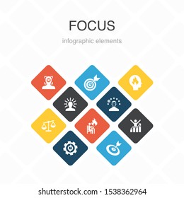 focus Infographic 10 option color design.target, motivation, integrity, process simple icons